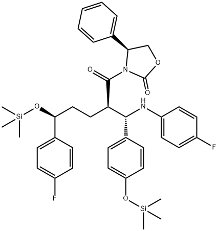 Structure of (S)-3-((2R,5S)-5-(4-fluorophenyl)-2-((S)-((4-fluorophenyl)amino(4-((trimethylsilyl)oxy)phenyl)methyl)-5-((trimethylsilyl)oxy)pentanoyl)-4-phenyloxazolidin-2-one.